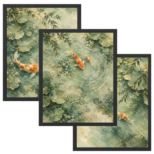 Obrazy do Salonu Zestaw 3 szt 33x43 cm Ryby Koi Zielone Orientalne
