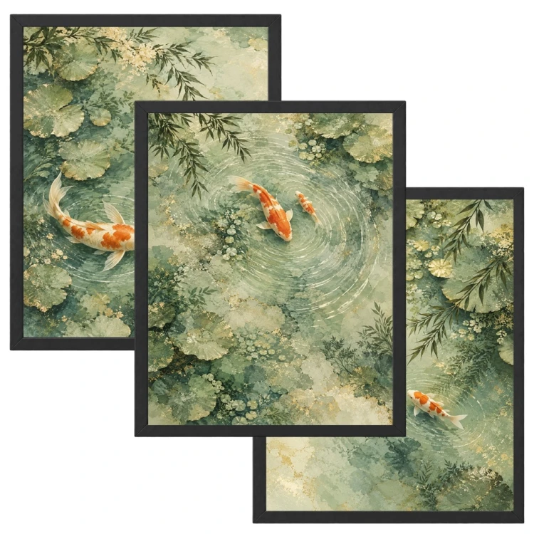 Obrazy do Salonu Zestaw 3 szt 33x43 cm Ryby Koi Zielone Orientalne