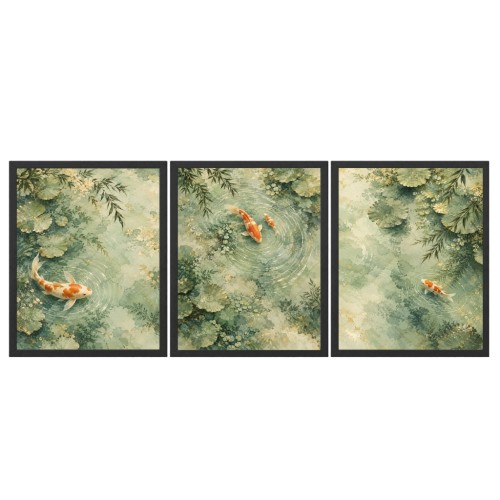 Obrazy do Salonu Zestaw 3 szt 33x43 cm Ryby Koi Zielone Orientalne