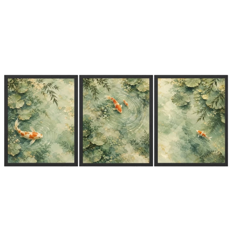 Obrazy do Salonu Zestaw 3 szt 33x43 cm Ryby Koi Zielone Orientalne