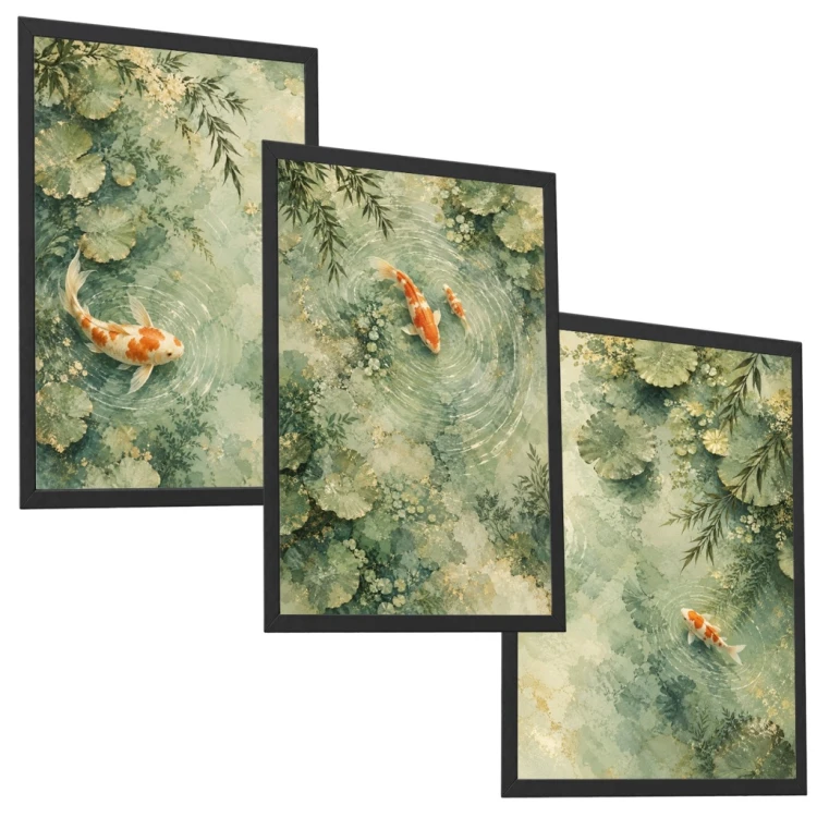 Obrazy do Salonu Zestaw 3 szt 33x43 cm Ryby Koi Zielone Orientalne