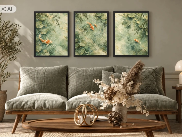 Obrazy do Salonu Zestaw 3 szt 33x43 cm Ryby Koi Zielone Orientalne