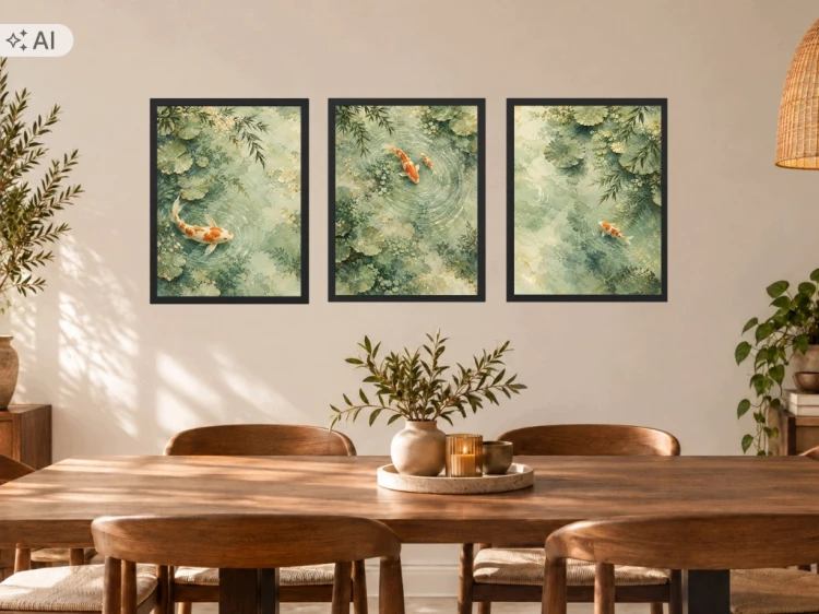 Obrazy do Salonu Zestaw 3 szt 33x43 cm Ryby Koi Zielone Orientalne
