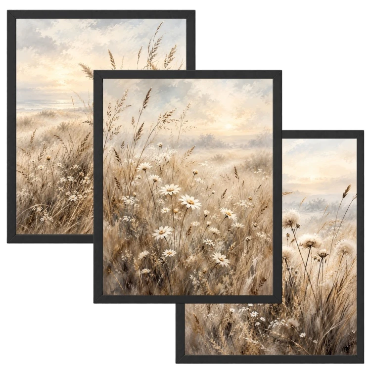 Zestaw 3 Obrazów w Ramach 33x43 cm Łąka Kwiaty Beżowe do Salonu