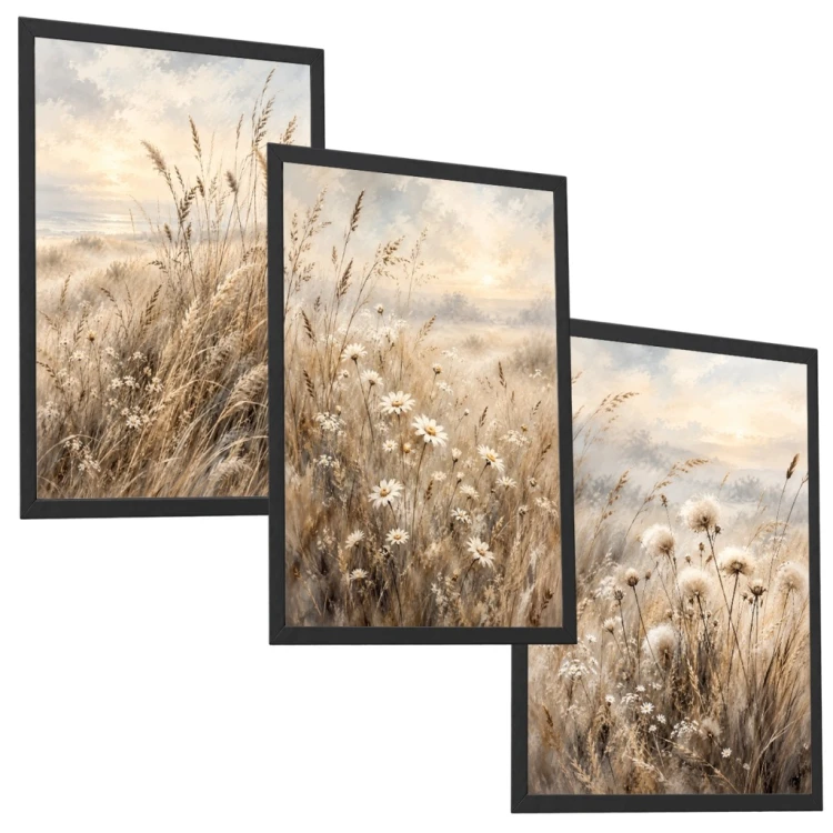 Zestaw 3 Obrazów w Ramach 33x43 cm Łąka Kwiaty Beżowe do Salonu