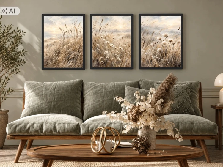 Zestaw 3 Obrazów w Ramach 33x43 cm Łąka Kwiaty Beżowe do Salonu