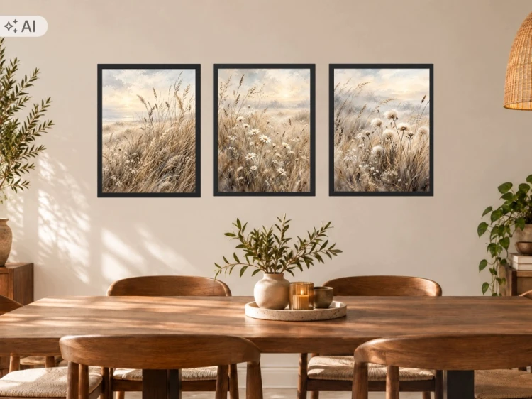 Zestaw 3 Obrazów w Ramach 33x43 cm Łąka Kwiaty Beżowe do Salonu