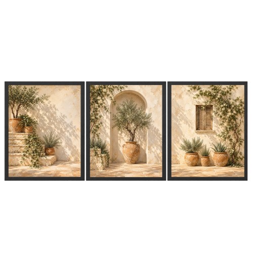 Zestaw 3 Obrazów 33x43 cm w Ramach Oliwka Beżowe Boho Śródziemnomorskie