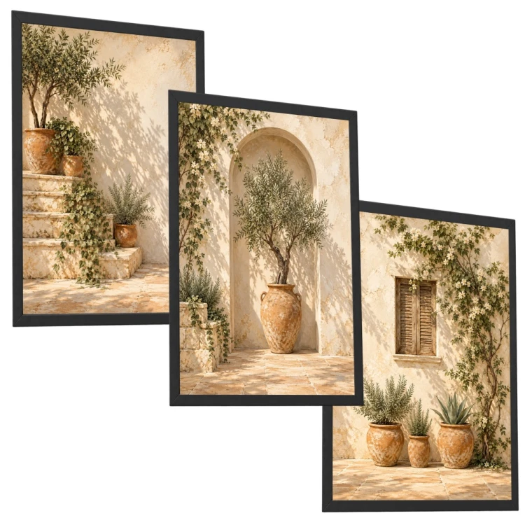 Zestaw 3 Obrazów 33x43 cm w Ramach Oliwka Beżowe Boho Śródziemnomorskie
