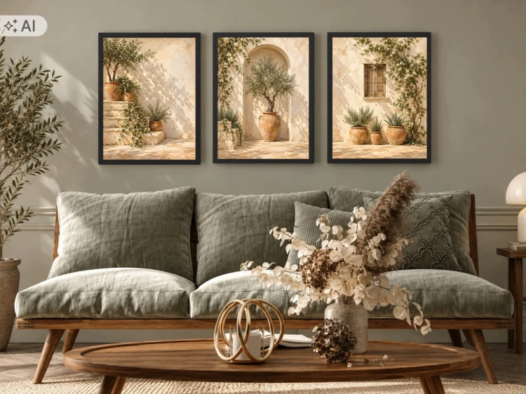 Zestaw 3 Obrazów 33x43 cm w Ramach Oliwka Beżowe Boho Śródziemnomorskie