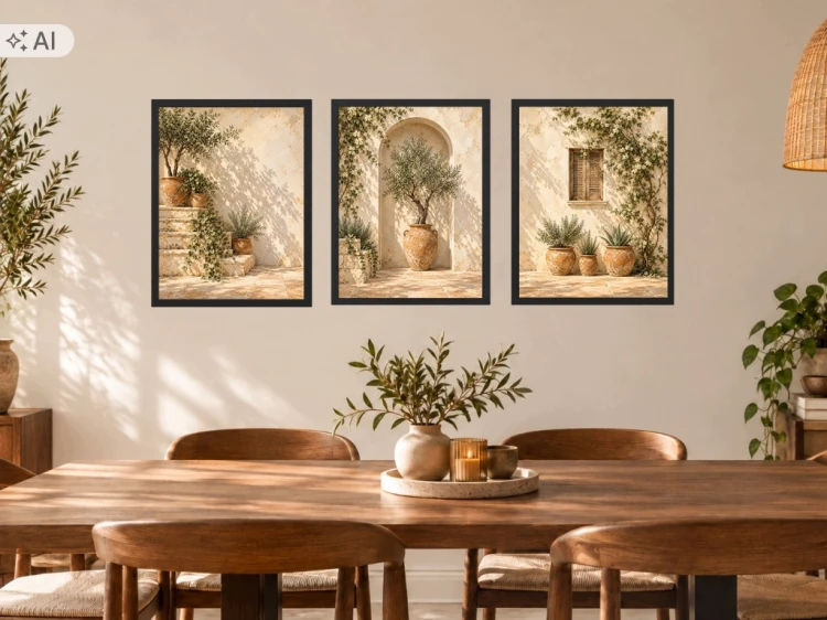 Zestaw 3 Obrazów 33x43 cm w Ramach Oliwka Beżowe Boho Śródziemnomorskie