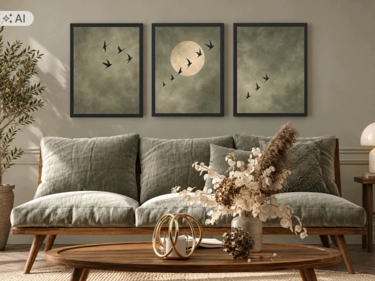 Zestaw 3 Obrazów w Ramach 33x43 cm Ptaki Księżyc do Salonu Sypialni