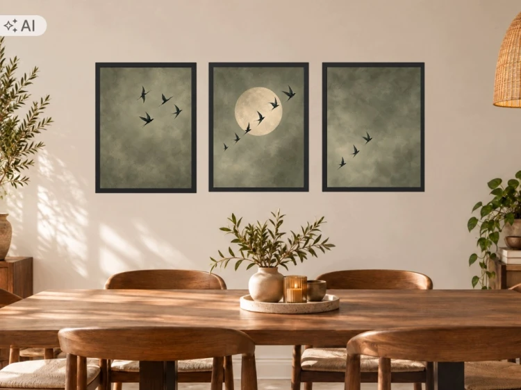 Zestaw 3 Obrazów w Ramach 33x43 cm Ptaki Księżyc do Salonu Sypialni