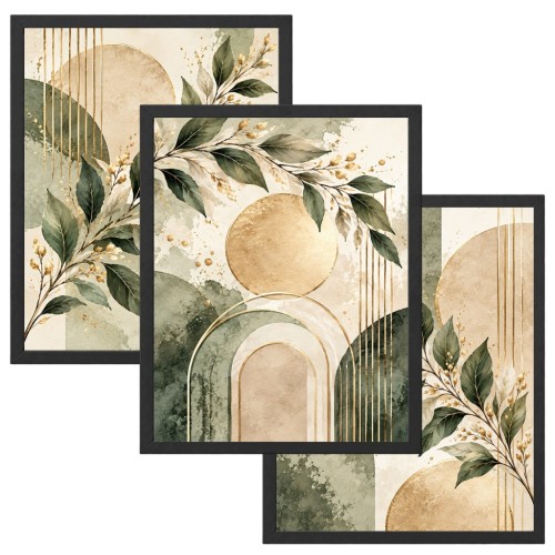 Zestaw 3 Obrazów w Ramach 33x43 cm Zielone Liście Złote do Salonu