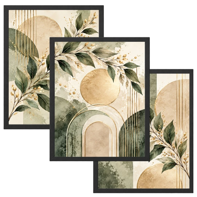 Zestaw 3 Obrazów w Ramach 33x43 cm Zielone Liście Złote do Salonu