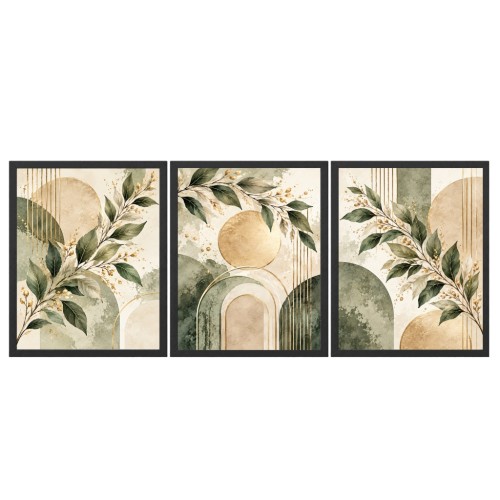 Zestaw 3 Obrazów w Ramach 33x43 cm Zielone Liście Złote do Salonu