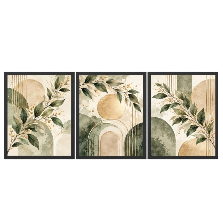 Zestaw 3 Obrazów w Ramach 33x43 cm Zielone Liście Złote do Salonu