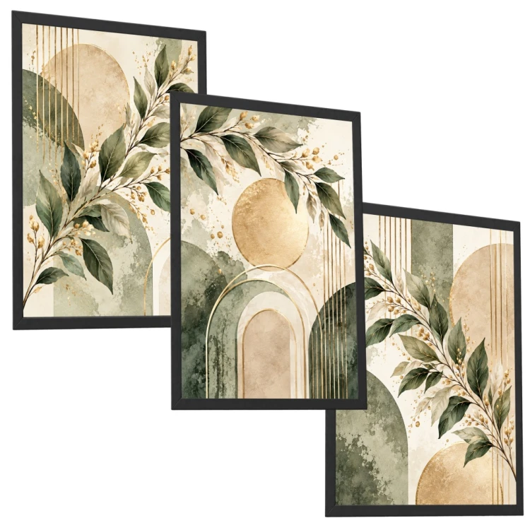 Zestaw 3 Obrazów w Ramach 33x43 cm Zielone Liście Złote do Salonu