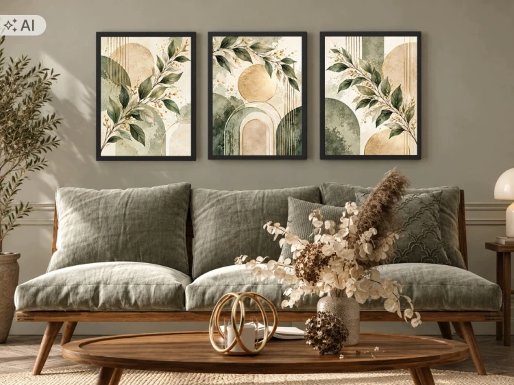 Zestaw 3 Obrazów w Ramach 33x43 cm Zielone Liście Złote do Salonu