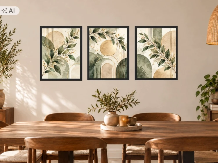 Zestaw 3 Obrazów w Ramach 33x43 cm Zielone Liście Złote do Salonu