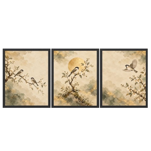 Obrazy do Salonu Zestaw 3 szt 33x43 cm w Ramach Ptaki Kwiaty Złote Słońce