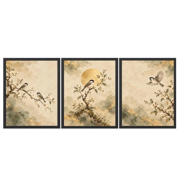 Obrazy do Salonu Zestaw 3 szt 33x43 cm w Ramach Ptaki Kwiaty Złote Słońce