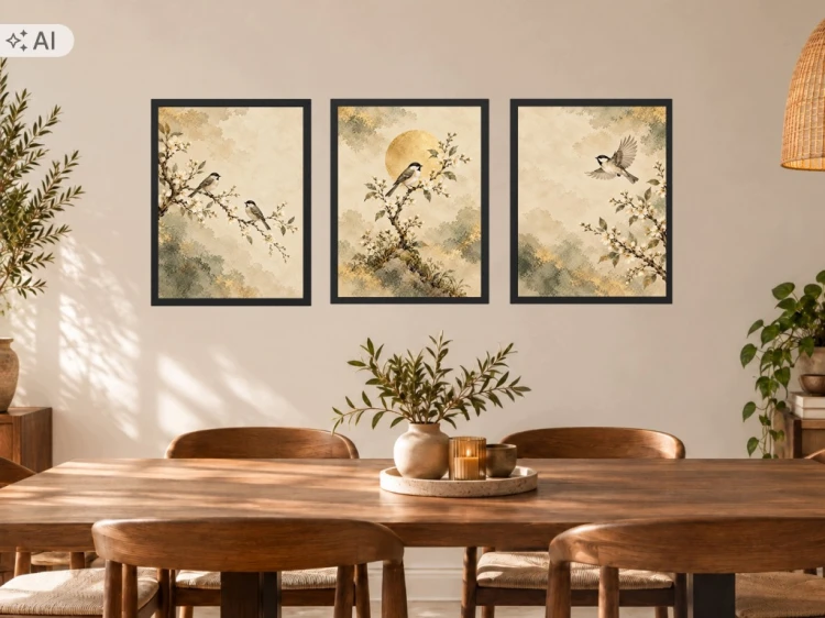 Obrazy do Salonu Zestaw 3 szt 33x43 cm w Ramach Ptaki Kwiaty Złote Słońce