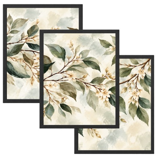 Zestaw 3 Obrazów w Ramach 33x43 cm Kwiaty Liście Botaniczne do Salonu