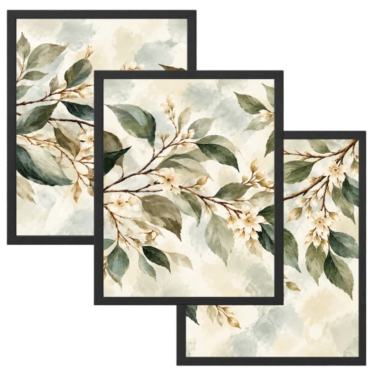 Zestaw 3 Obrazów w Ramach 33x43 cm Kwiaty Liście Botaniczne do Salonu