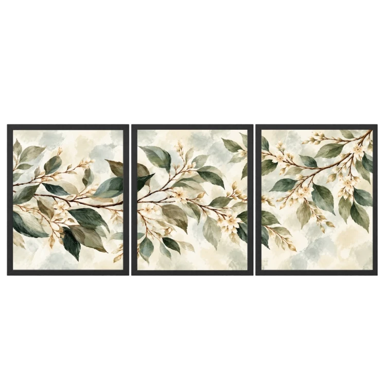 Zestaw 3 Obrazów w Ramach 33x43 cm Kwiaty Liście Botaniczne do Salonu