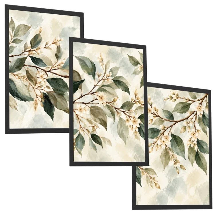 Zestaw 3 Obrazów w Ramach 33x43 cm Kwiaty Liście Botaniczne do Salonu