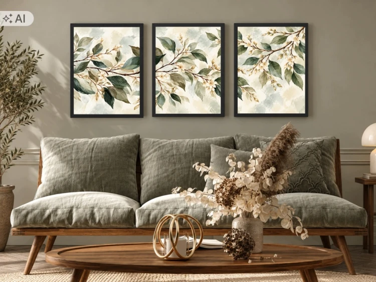 Zestaw 3 Obrazów w Ramach 33x43 cm Kwiaty Liście Botaniczne do Salonu