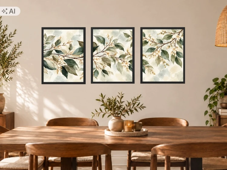 Zestaw 3 Obrazów w Ramach 33x43 cm Kwiaty Liście Botaniczne do Salonu