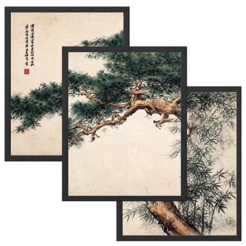 1. Zestaw 3 Obrazów w Ramach 33x43 cm Japandi Sosna Bambus do Salonu