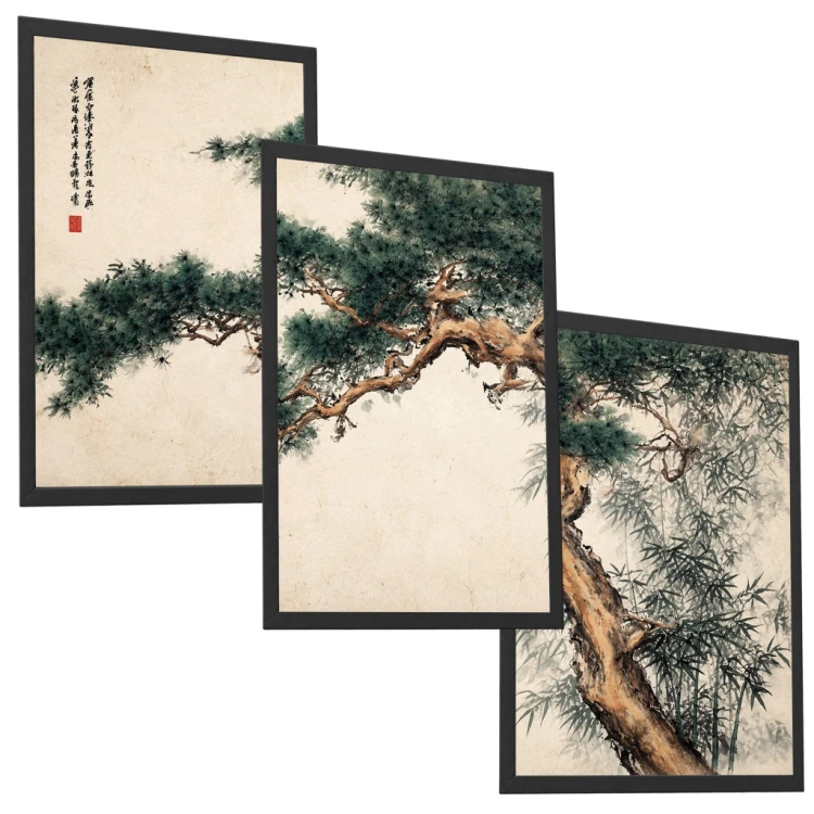 1. Zestaw 3 Obrazów w Ramach 33x43 cm Japandi Sosna Bambus do Salonu