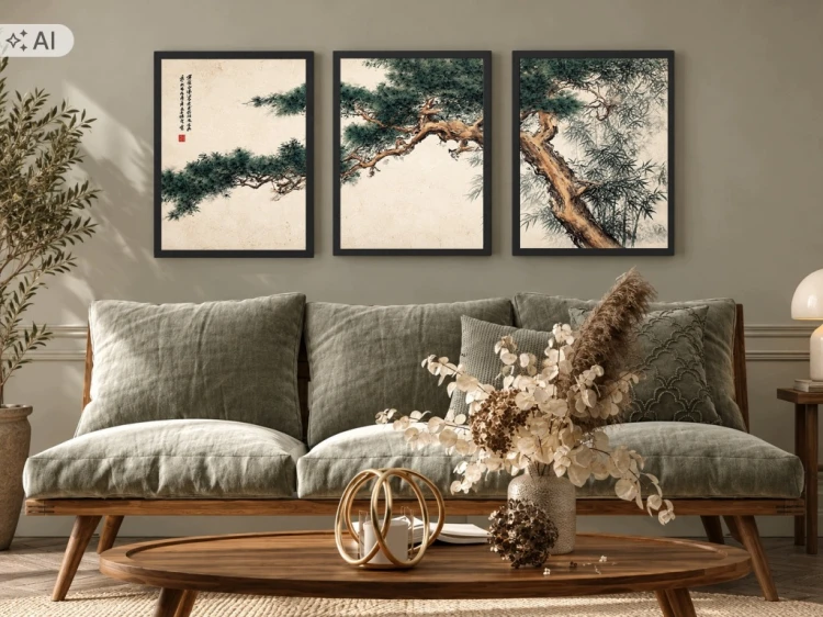 1. Zestaw 3 Obrazów w Ramach 33x43 cm Japandi Sosna Bambus do Salonu