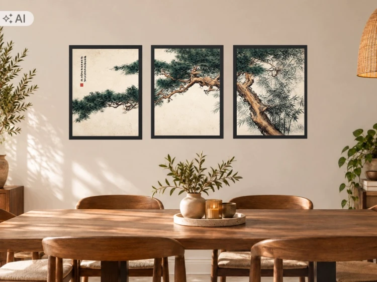 1. Zestaw 3 Obrazów w Ramach 33x43 cm Japandi Sosna Bambus do Salonu