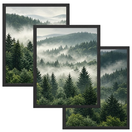 Zestaw 3 Obrazów w Ramach 33x43 cm Las Mgła Góry Natura do Salonu