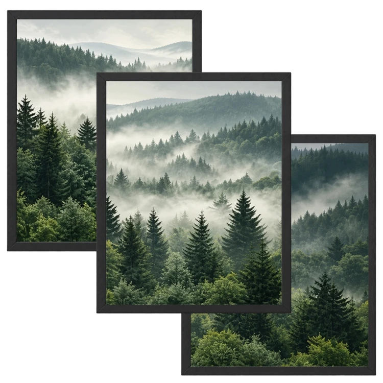 Zestaw 3 Obrazów w Ramach 33x43 cm Las Mgła Góry Natura do Salonu