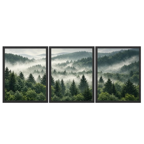 Zestaw 3 Obrazów w Ramach 33x43 cm Las Mgła Góry Natura do Salonu