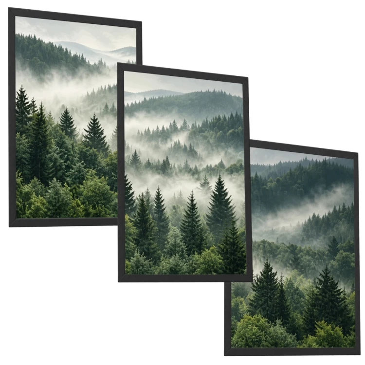 Zestaw 3 Obrazów w Ramach 33x43 cm Las Mgła Góry Natura do Salonu