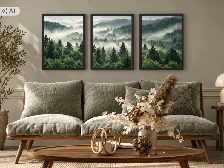 Zestaw 3 Obrazów w Ramach 33x43 cm Las Mgła Góry Natura do Salonu