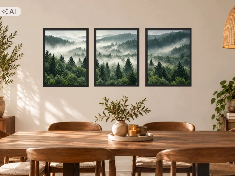 Zestaw 3 Obrazów w Ramach 33x43 cm Las Mgła Góry Natura do Salonu