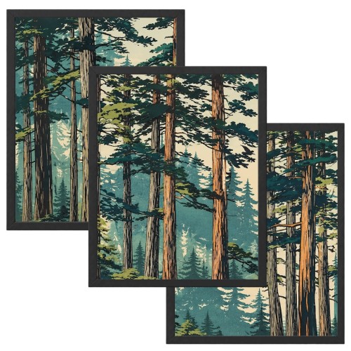 Tryptyk Las Drzewa 3 Obrazy w Ramach 33x43 cm do Salonu Sypialni Kuchni