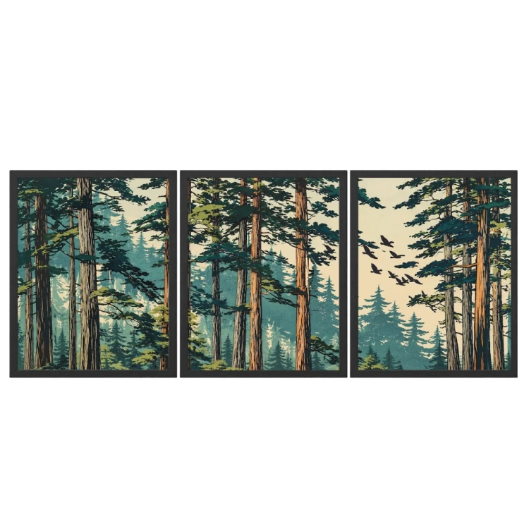Tryptyk Las Drzewa 3 Obrazy w Ramach 33x43 cm do Salonu Sypialni Kuchni
