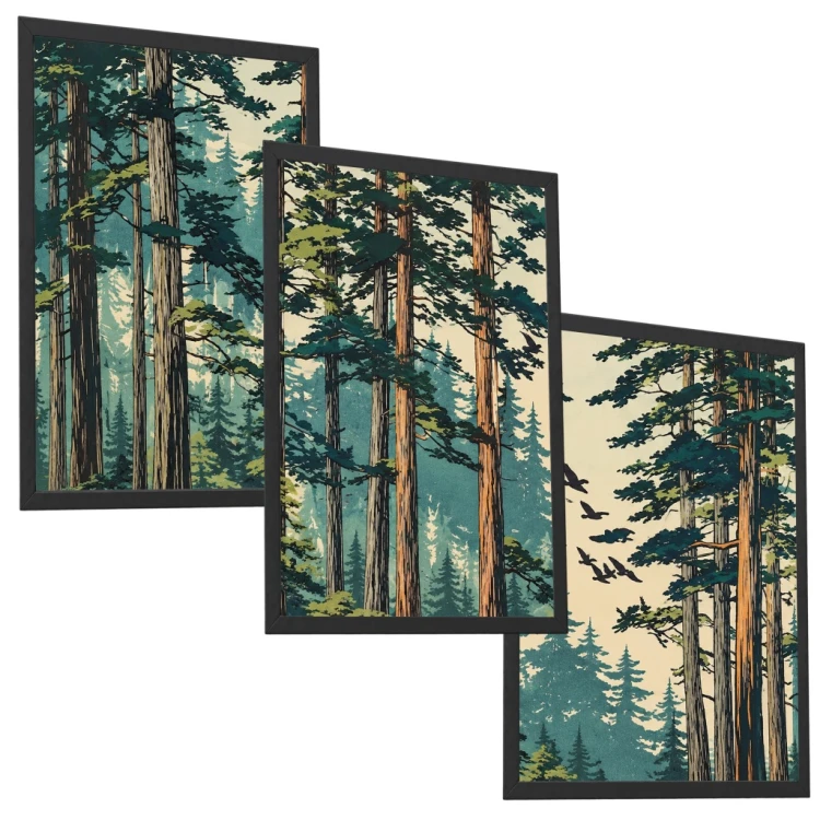 Tryptyk Las Drzewa 3 Obrazy w Ramach 33x43 cm do Salonu Sypialni Kuchni