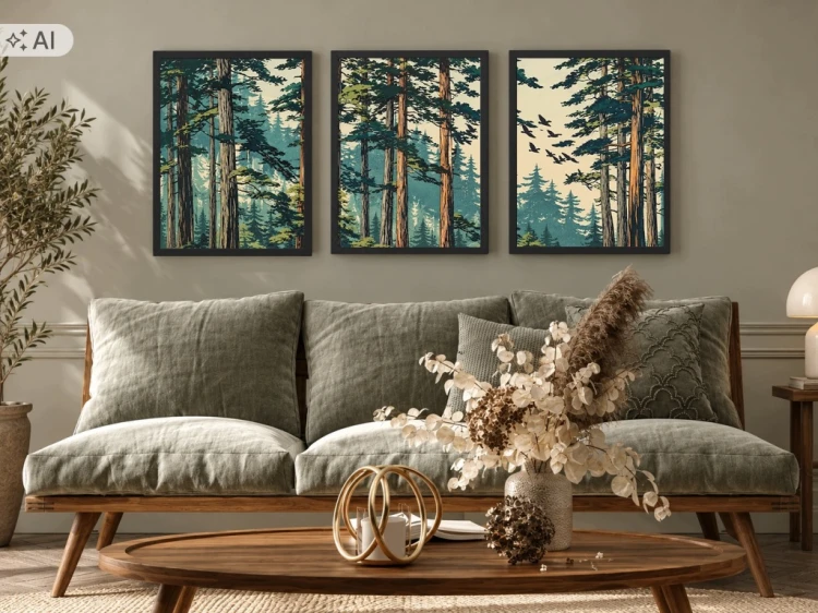 Tryptyk Las Drzewa 3 Obrazy w Ramach 33x43 cm do Salonu Sypialni Kuchni