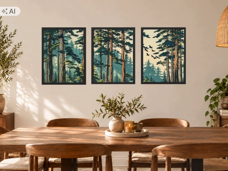 Tryptyk Las Drzewa 3 Obrazy w Ramach 33x43 cm do Salonu Sypialni Kuchni