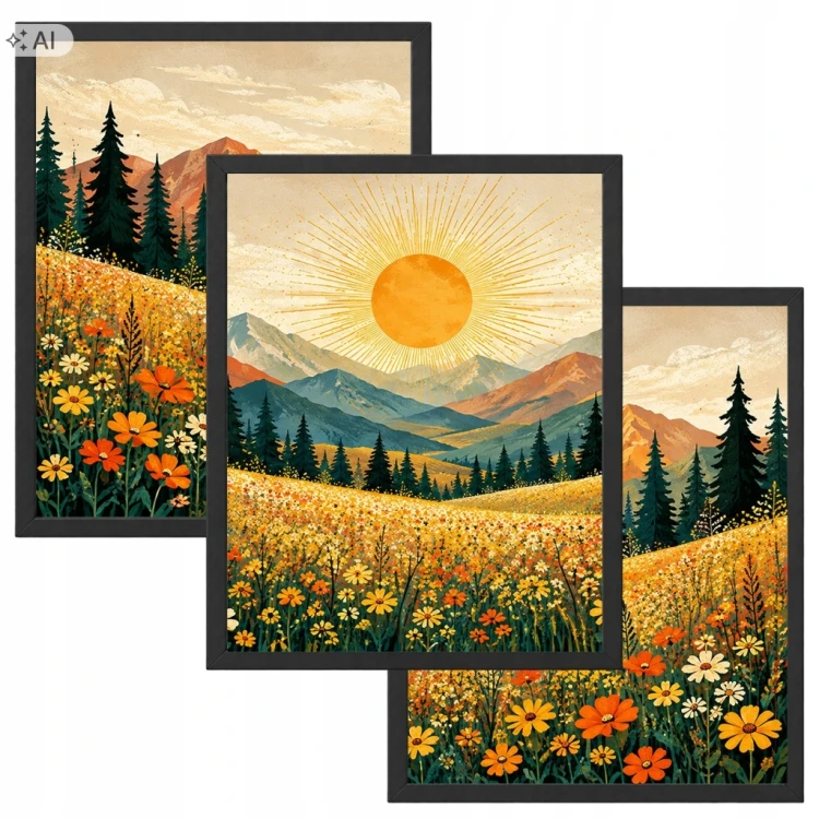 Obrazy do Salonu Zestaw 3 szt 33x43 cm w Ramach Góry Kwiaty Słońce
