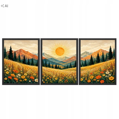 Obrazy do Salonu Zestaw 3 szt 33x43 cm w Ramach Góry Kwiaty Słońce